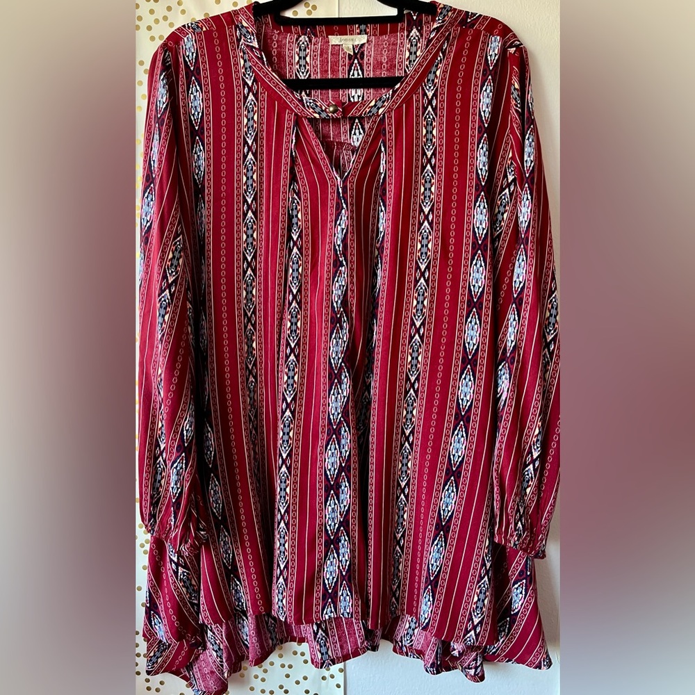 JODIFL Patterned Oversize Tunic Long Sleeve Boho V-Neck Pullover size Small